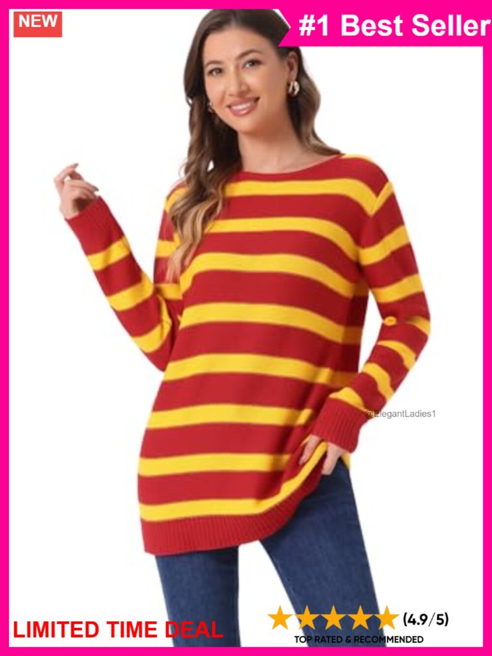 Striped Sweater Casual Pullover Long Sleeve Round Neck Ribbed Trim